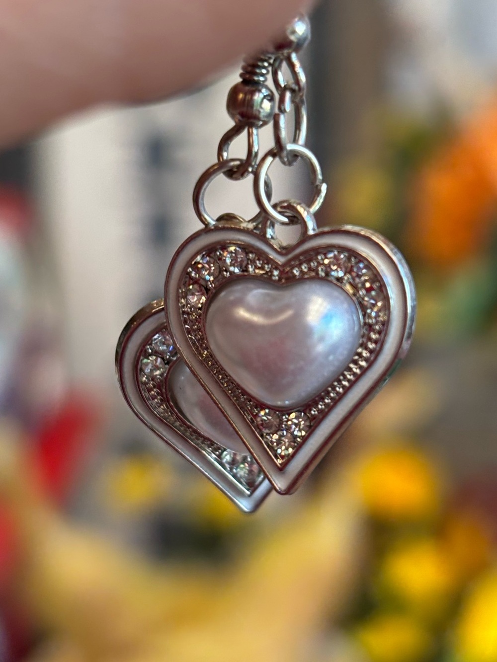 Silver Heart Drop Earrings with Pearlescent Center